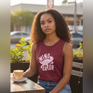 Wino-Saur Graphic Tank Top In Cabernet Color.